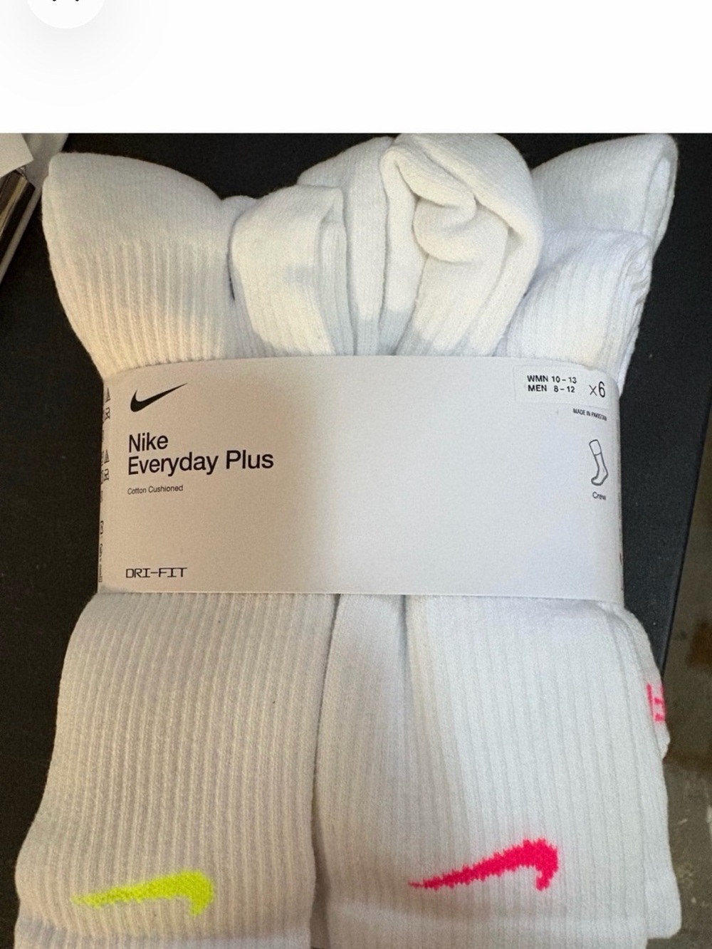 Nike White Crew Athletic Socks with Neon Pink & Neon Yellow Swooshes (6-Pack)